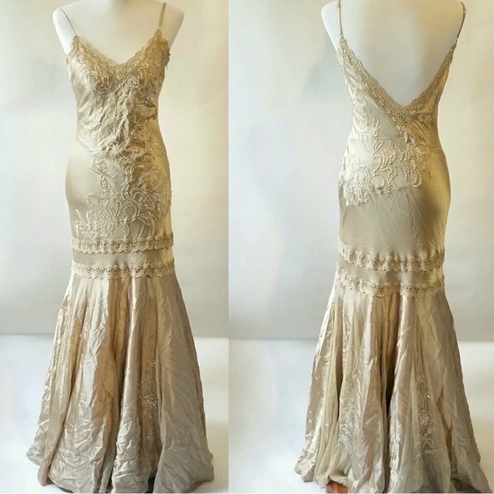 Vintage 100% Silk Beaded Dress Lace Dress Vintage Drop Waist Gown Prom Dress - Picture 5 of 17